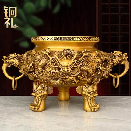 黄铜香炉摆件家居玄关客厅祠堂寺庙烧香佛具用品大号全铜九龙香炉