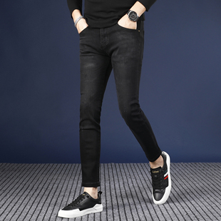厚款 潮流弹力百搭休闲9分裤 黑色九分牛仔裤 小脚韩版 男修身 秋冬季