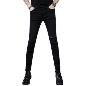 春夏季纯黑色破洞牛仔裤男2024新款修身小脚裤高弹力显瘦男裤子潮