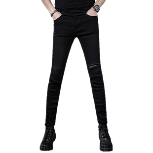 夏季纯黑色破洞牛仔裤男2025新款修身小脚高弹力显瘦显高男生裤子