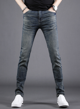 欧版怀旧复古蓝色牛仔裤男款秋季2024新款修身小脚弹力男士长裤子