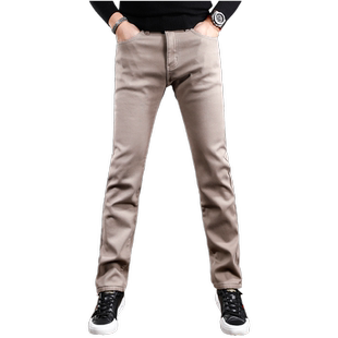 香港卡其色加绒牛仔裤男款修身直筒秋冬2023新款弹力男士裤子冬季