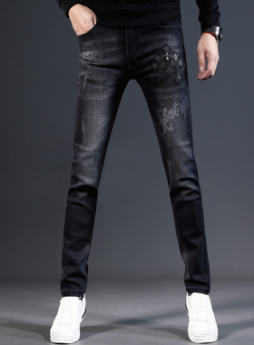 欧美牛仔裤男款修身小脚秋冬款刺绣印花端弹力潮流男士裤子黑色