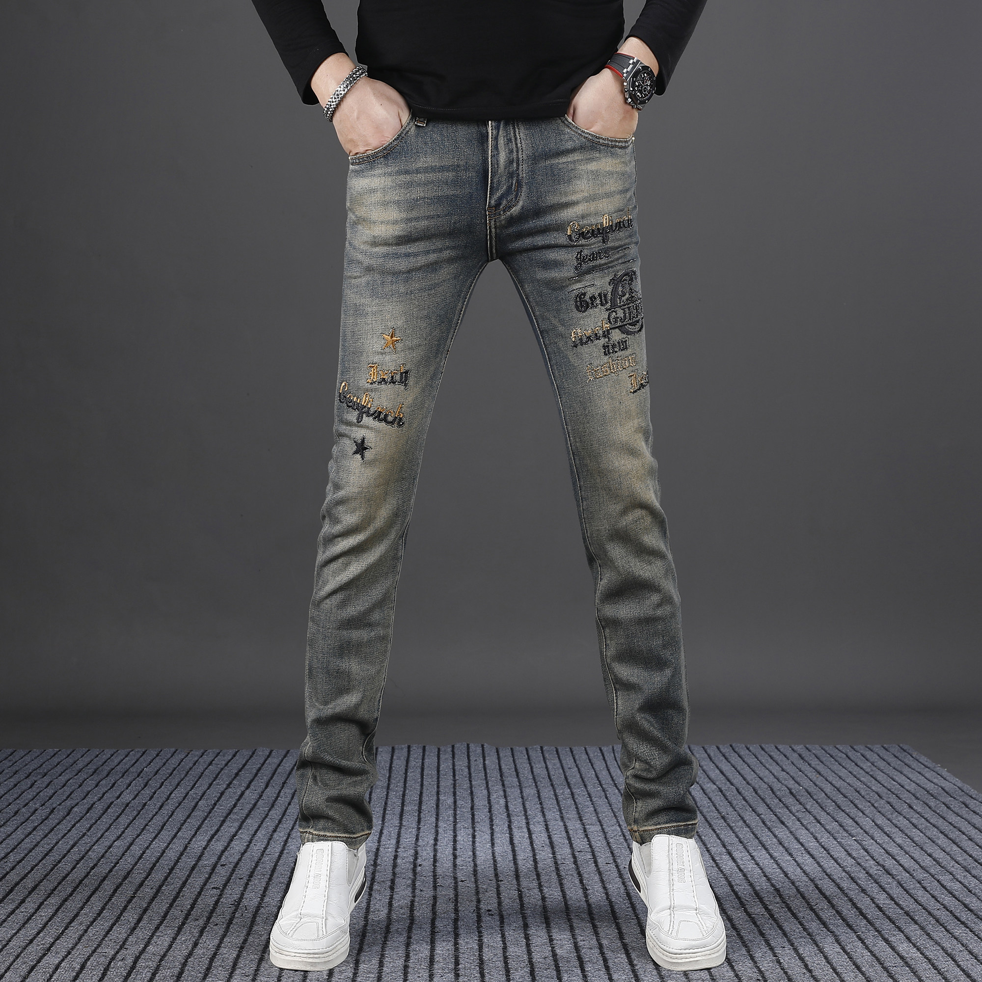 高端欧货烫钻刺绣复古牛仔裤男款修身小脚2025新款秋季潮流个性男,男装,牛仔裤,淘宝优惠券,粉丝福利购,淘宝优惠卷