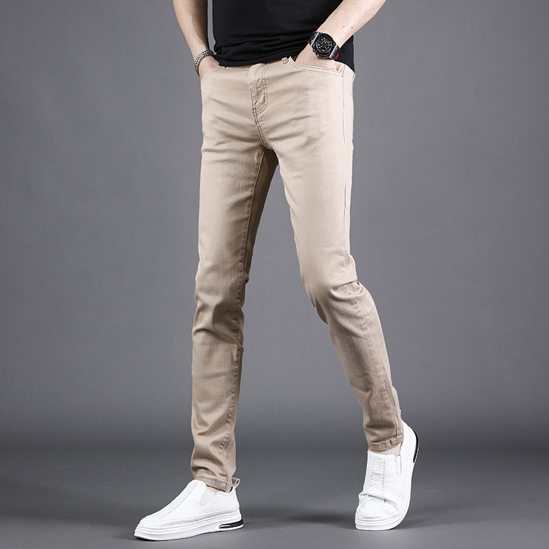 秋冬卡其色牛仔裤男2022v新款修身小脚弹力百搭男士休闲裤加绒加