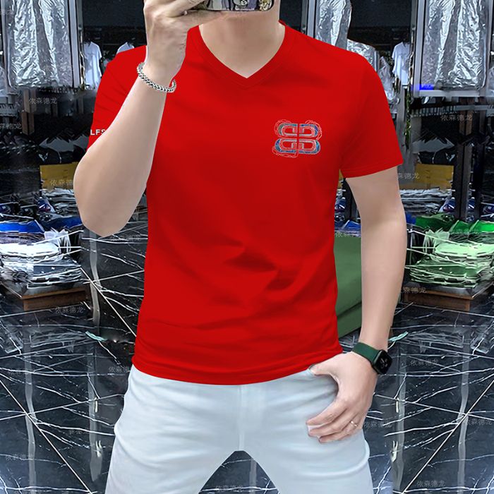 欧洲站男士短袖V领t恤衫丝光棉男装桃心领上衣立体滴胶工艺潮红色