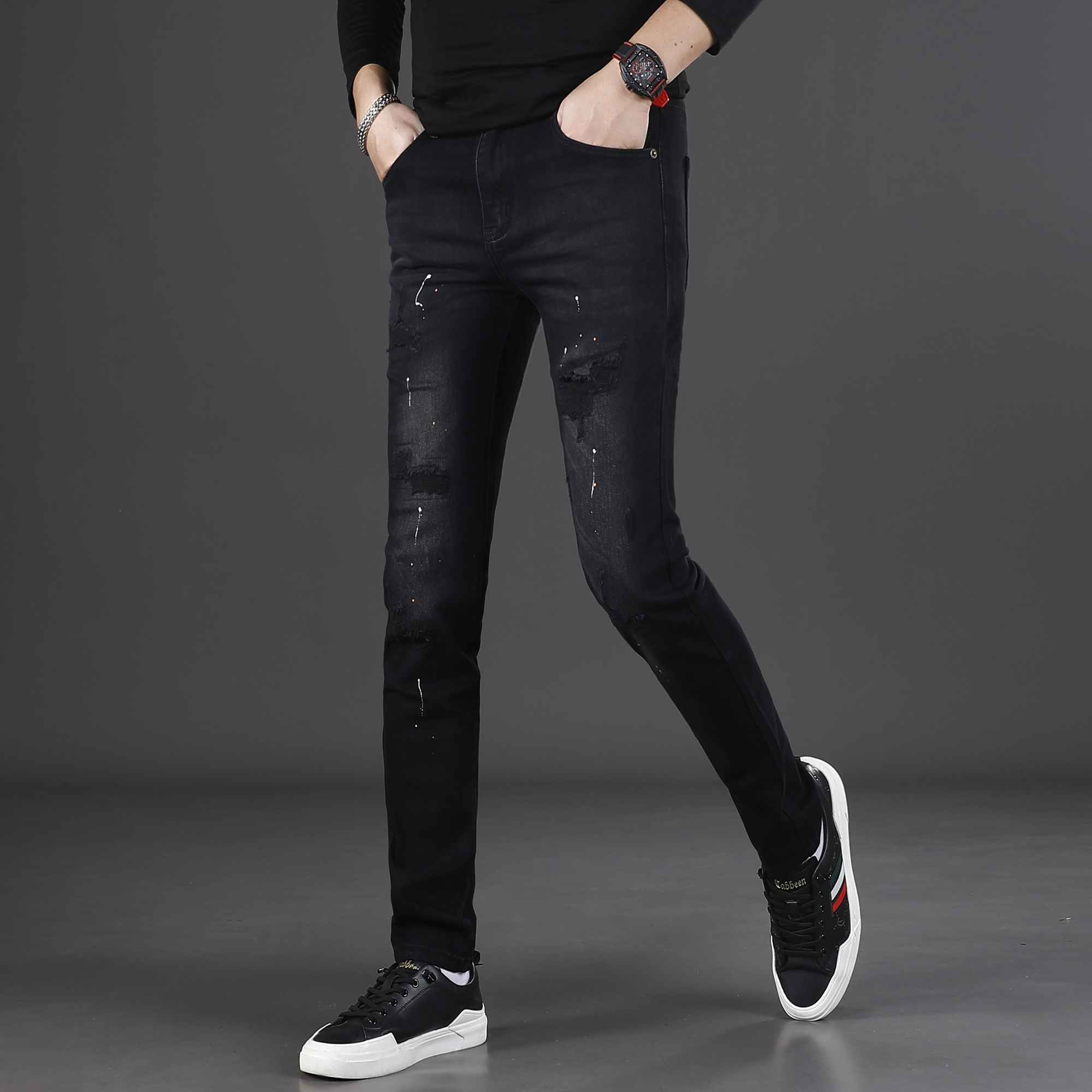 黑色破洞牛仔裤男款修身小脚裤2025新款秋季潮流个性帅气男生裤子
