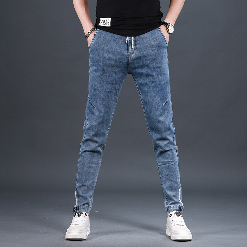 春季百搭新款男士九分裤潮流韩版修身弹力蓝色牛仔裤男潮牌9分裤
