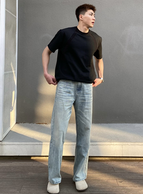 FOCABO美式水洗飘逸猫须直筒蓝牛仔裤男cleanfit宽松休闲长裤子