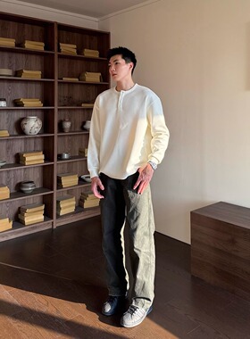 FOCABO美式华夫格亨利领长袖t恤老钱风简约基础百搭内搭打底上衣