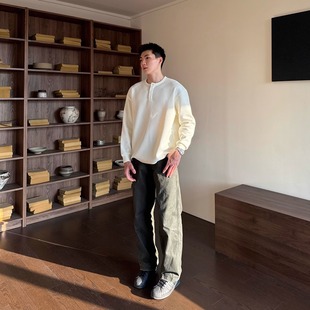 FOCABO美式华夫格亨利领长袖t恤老钱风简约基础百搭内搭打底上衣