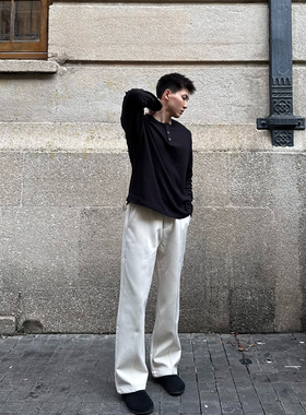 FOCABO秋冬毛呢美式直筒垂感休闲长裤男软糯感骨感宽松百搭卫裤