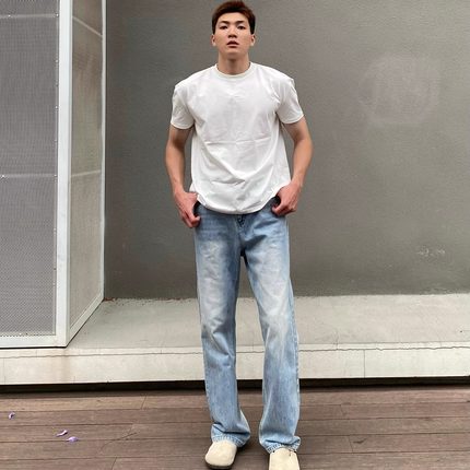 FOCABO美式雪花蓝色牛仔裤cleanfit显高百搭微喇牛仔长裤