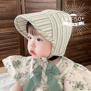 婴儿遮阳帽夏季 纯棉透气条纹防晒防紫外线大檐宝宝儿童飞行帽 薄款