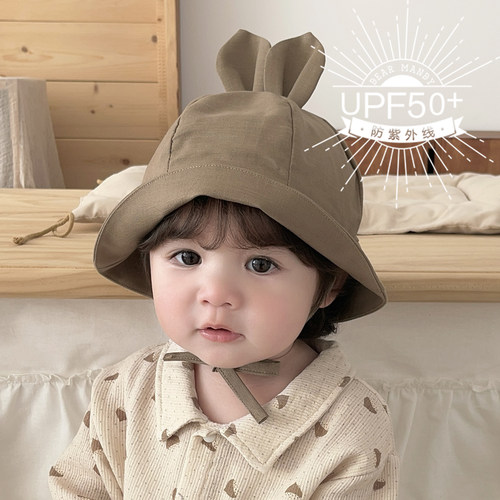 婴儿遮阳帽春夏薄款亚麻兔耳朵透气大帽檐防晒儿童男女宝宝渔夫帽