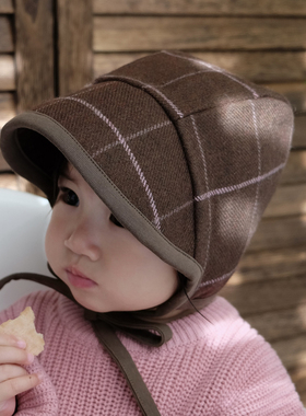 婴儿帽子格子羊毛呢加厚保暖大檐韩版男女宝宝儿童遮阳护耳帽秋冬