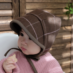 婴儿帽子格子羊毛呢加厚保暖大檐韩版 男女宝宝儿童遮阳护耳帽秋冬