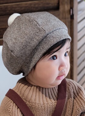 婴儿帽子秋冬羊毛呢保暖韩版可爱小月龄男女宝宝儿童画家帽贝雷帽
