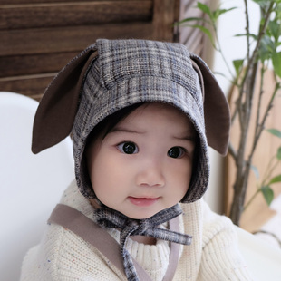 婴儿帽子可爱格子兔耳朵羊毛呢大檐遮阳帽男女宝宝儿童护耳帽秋冬