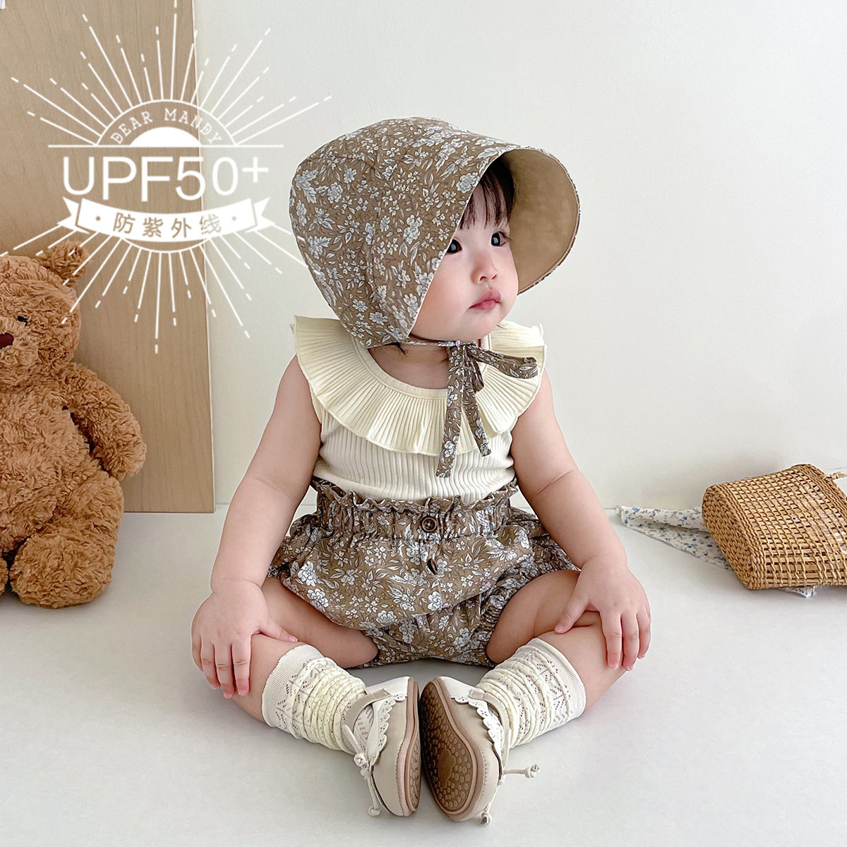 婴儿遮阳帽棉麻小碎花薄款防晒大檐双面儿童女宝宝太阳帽短裤夏季