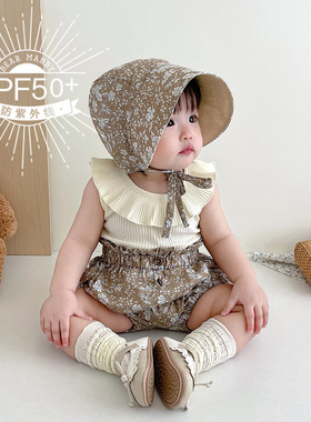 婴儿遮阳帽棉麻小碎花薄款防晒大檐双面儿童女宝宝太阳帽短裤夏季