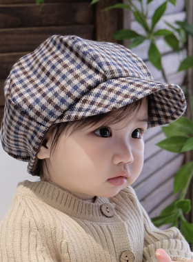 婴儿帽子可爱格子羊毛呢保暖大帽檐儿童遮阳帽男女宝宝报童帽秋冬