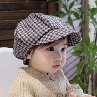 婴儿帽子可爱格子羊毛呢保暖大帽檐儿童遮阳帽男女宝宝报童帽秋冬