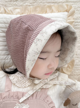 婴儿遮阳帽秋冬灯芯绒保暖大檐防晒双面小月龄男女宝宝儿童护耳帽