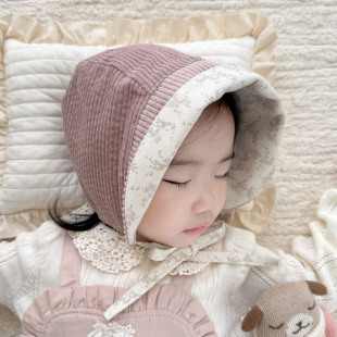 婴儿遮阳帽秋冬灯芯绒保暖大檐防晒双面小月龄男女宝宝儿童护耳帽