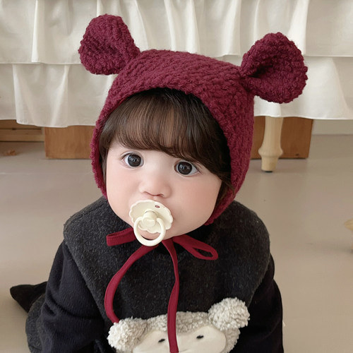 婴儿帽子可爱小熊全羊毛圈圈保暖儿童小月龄男女宝宝护耳帽秋冬季