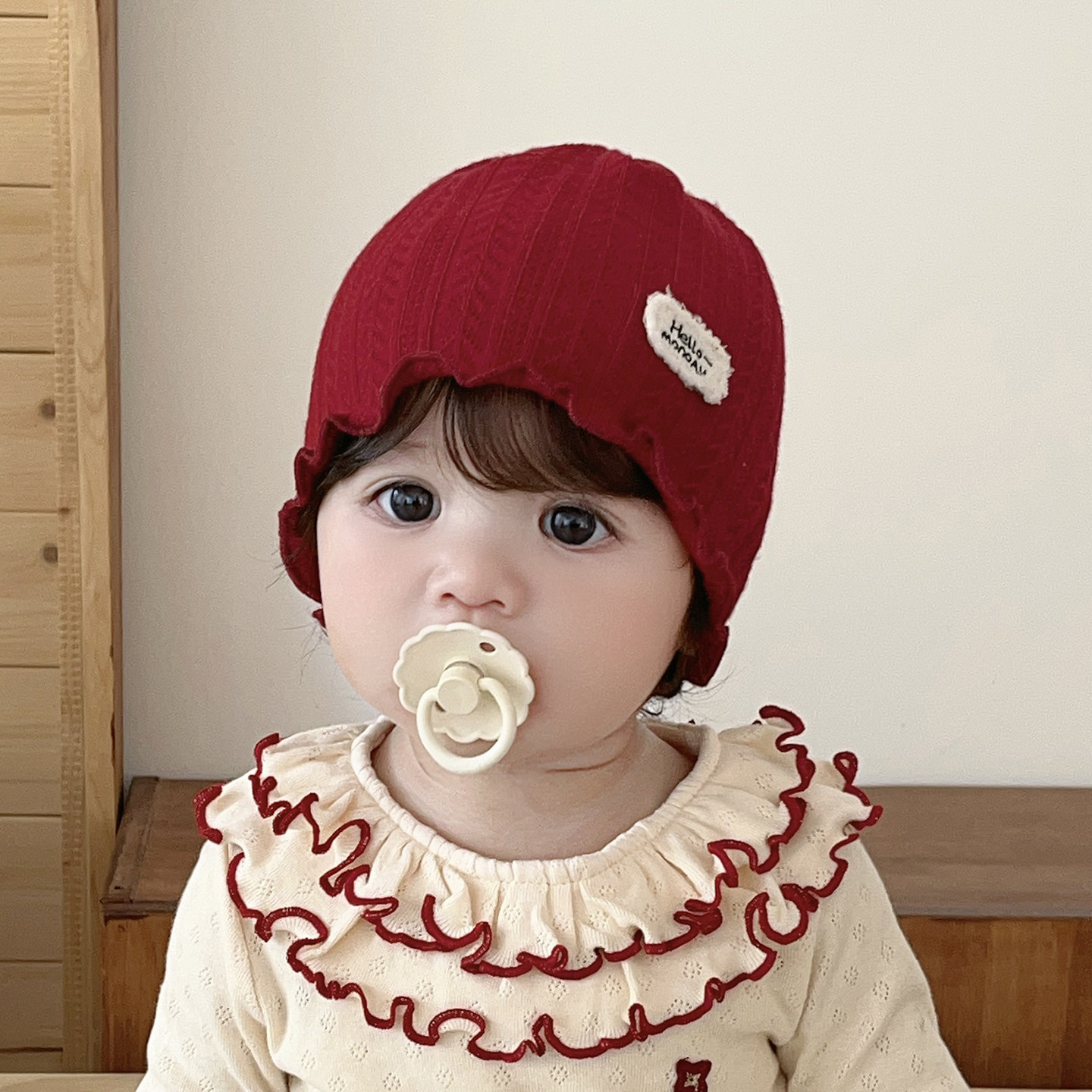 婴儿帽子红色新西兰羊绒提花针织保暖新生儿小月龄男女宝宝胎帽冬