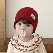 婴儿帽子红色新西兰羊绒提花针织保暖新生儿小月龄男女宝宝胎帽冬