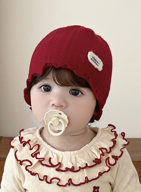 婴儿帽子红色新西兰羊绒提花针织保暖新生儿小月龄男女宝宝胎帽冬