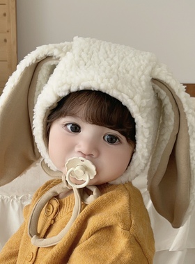 婴儿帽子可爱兔耳朵羊羔毛加厚保暖儿童小月龄男女宝宝护耳帽冬季