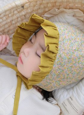 婴儿护耳帽纯棉薄款夏季韩版花边小碎花公主小月龄女宝宝儿童帽子