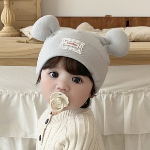 婴儿帽子秋冬可爱小熊藏麻羊绒保暖初生新生儿小月龄男女宝宝胎帽