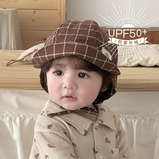 婴儿遮阳帽春夏轻薄透气大帽檐防晒格子小月龄男女宝宝儿童渔夫帽