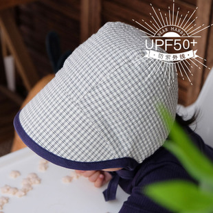 婴儿帽子纯棉薄款格子大檐防晒小月龄男女宝宝儿童飞行帽太阳帽夏
