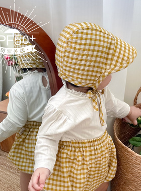 婴儿遮阳帽薄款纯棉防晒防紫外线格子大檐儿童宝宝飞行帽短裤夏季