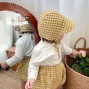 夏季 婴儿遮阳帽薄款 纯棉防晒防紫外线格子大檐儿童宝宝飞行帽短裤