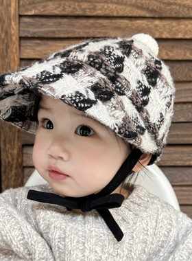 婴儿帽子小香风粗花呢保暖大帽檐遮阳韩版男女宝宝儿童棒球帽秋冬