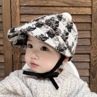 婴儿帽子小香风粗花呢保暖大帽檐遮阳韩版 男女宝宝儿童棒球帽秋冬