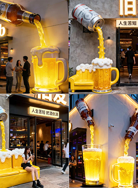 玻璃钢发光啤酒杯门头雕塑定制