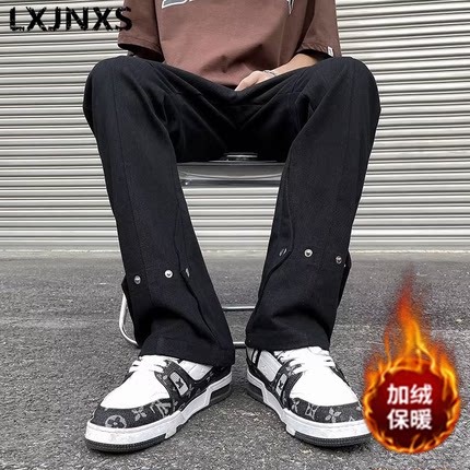 LXJNXS潮牌美式微喇叭加绒休闲裤oversize裤子高街vibe保暖牛仔裤