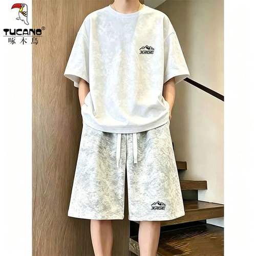 啄木鸟男士夏季运动短袖短裤套装