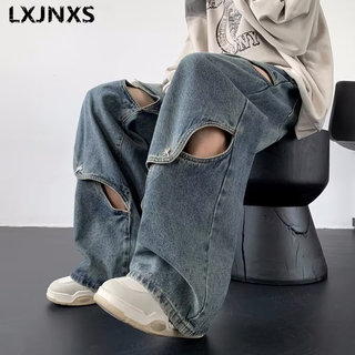 LXJNXS破洞牛仔裤男夏季薄款美式高街潮牌宽松直筒阔腿休闲长裤子