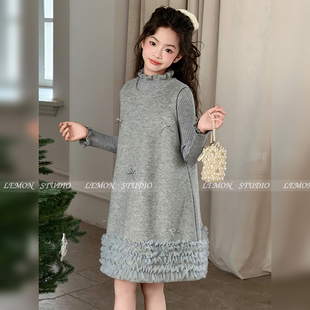 连衣裙 小香风毛呢背心裙儿童冬装 女童富家千金感裙子2026新款 冬季