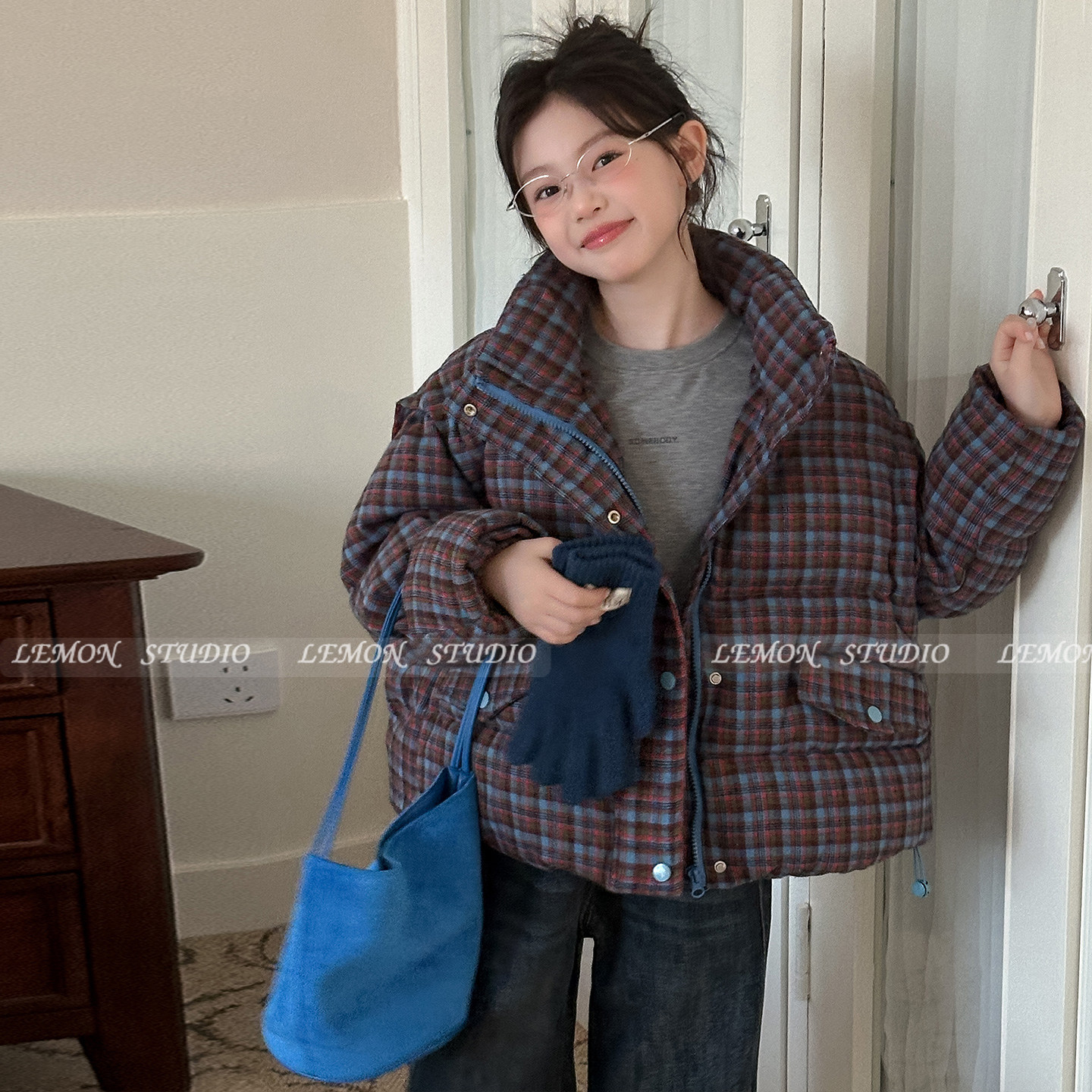 女童棉服立领格子加厚棉衣外套