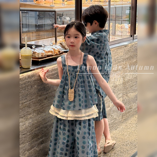 T恤夏季 兄妹装 洋气儿童波点短袖 2025新款 套裙两件套 男女童夏套装
