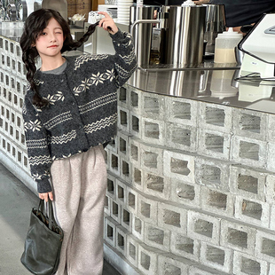 上衣服冬装 洋气儿童复古针织开衫 女孩外套 毛衣2025新款 女童秋冬装